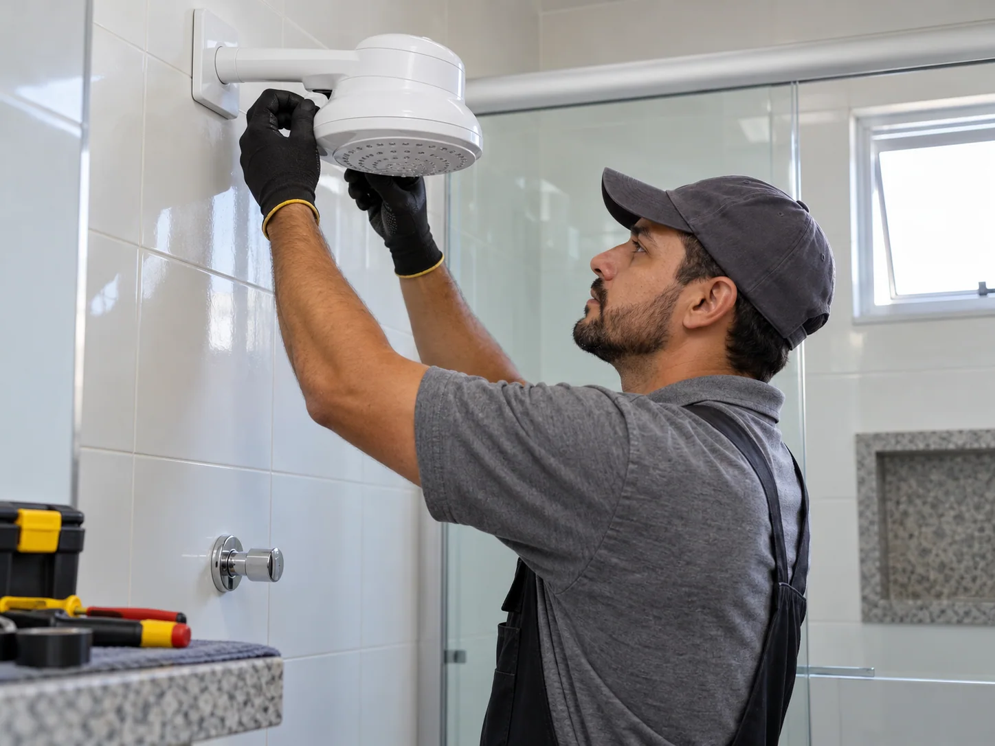 Profissional instalando um chuveiro em um banheiro residencial.