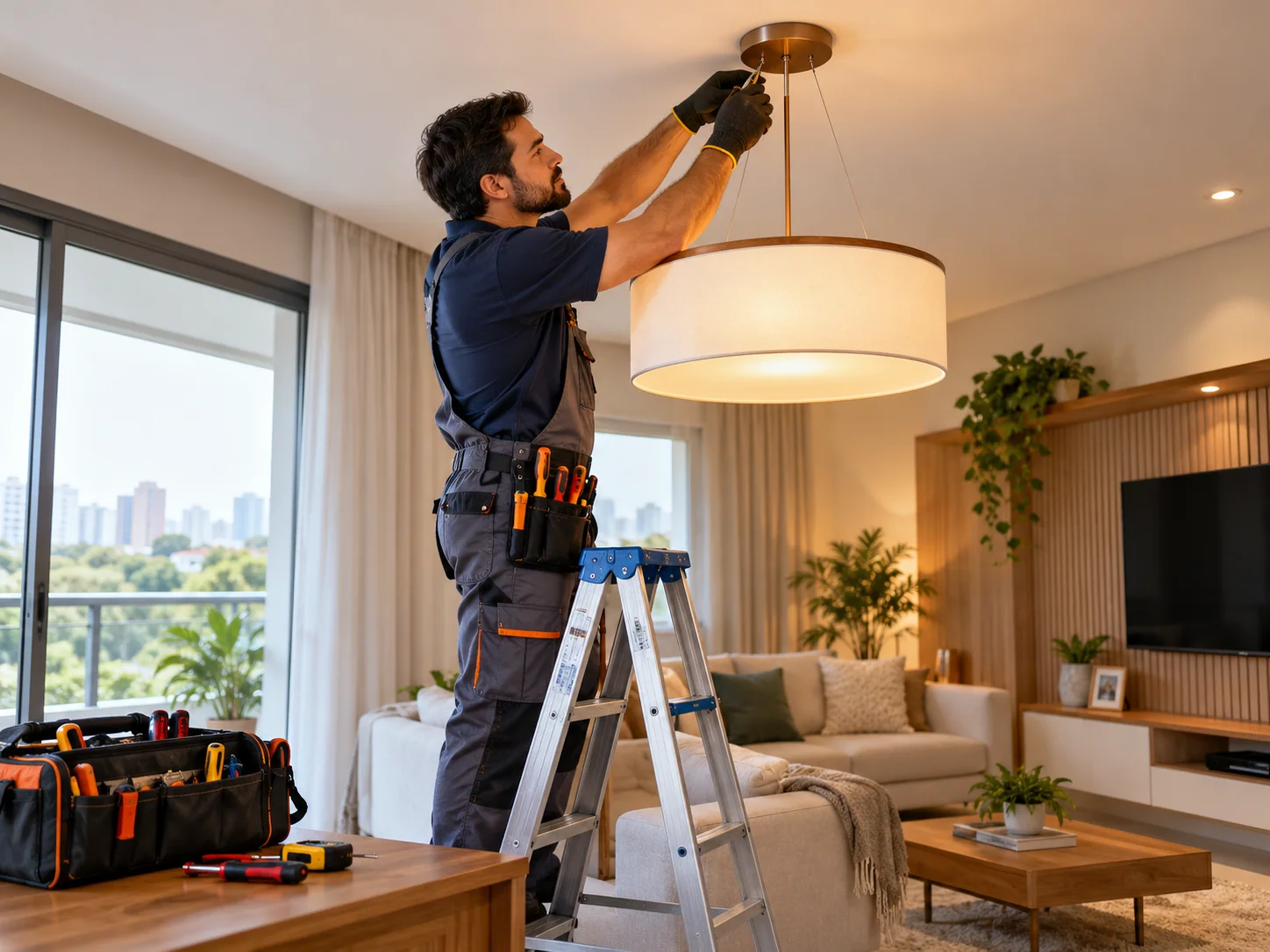 Eletricista instalando uma luminária em uma sala residencial.