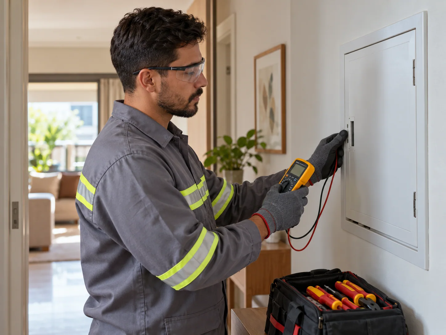 Profissional avaliando o quadro de disjuntores de uma casa.